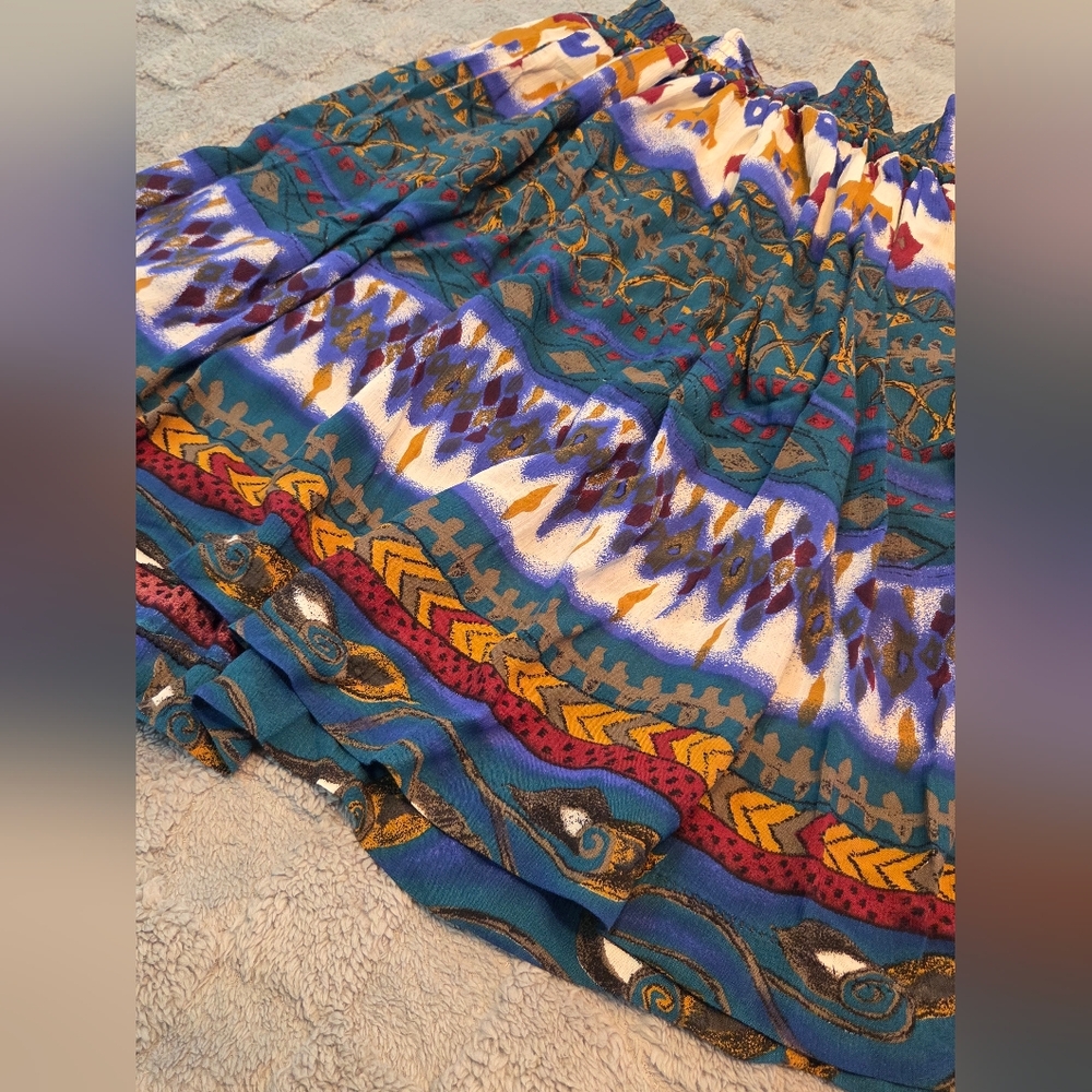 Vibrant Bohemian Print Maxi Skirt with Elastic Waistband-Teal, Blue,Gold Size XS - Picture 2 of 6